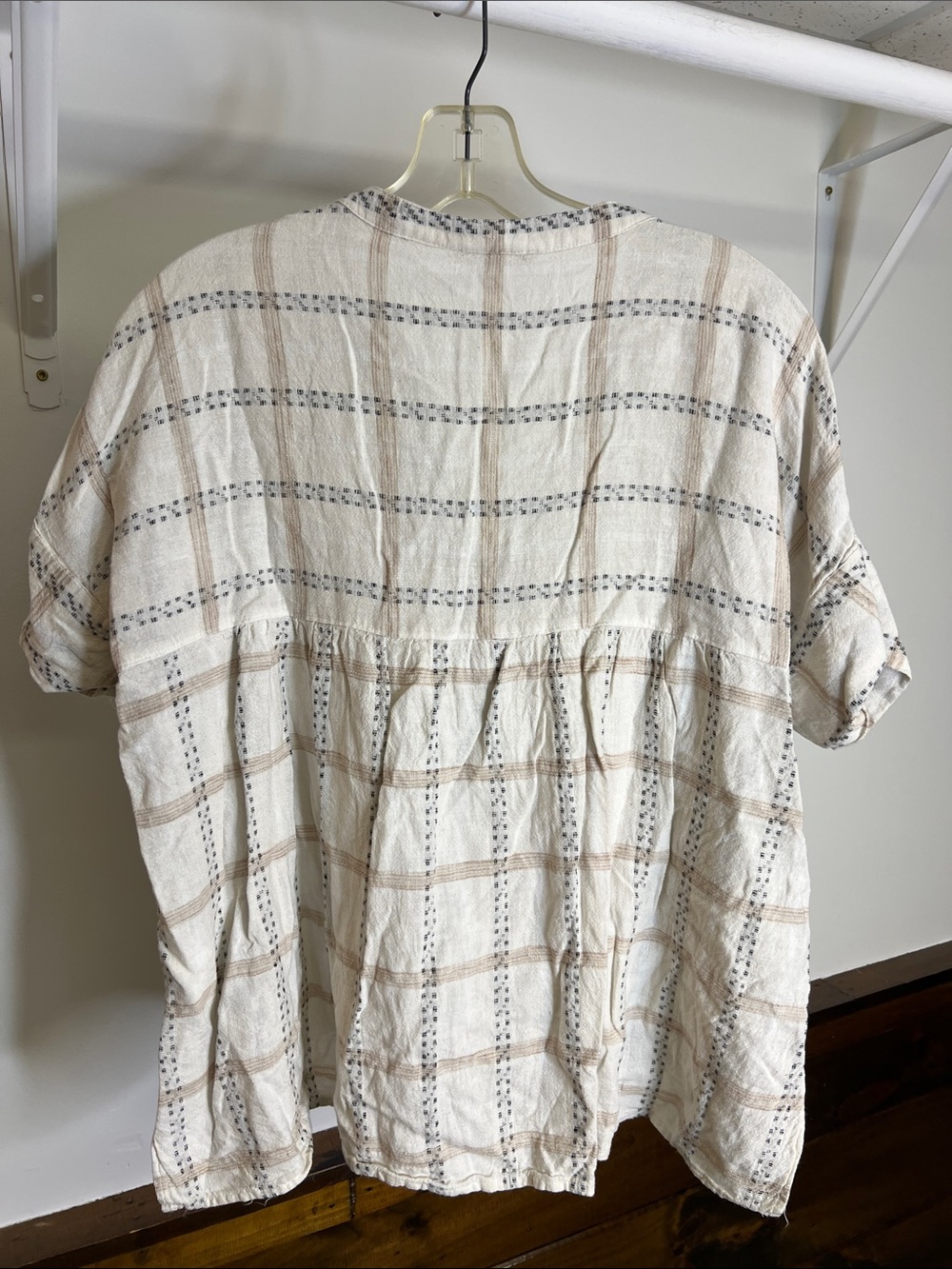 Madewell Linen Blend Cream Top with Black and Tan Plaid Stripes- S - Picture 2 of 5